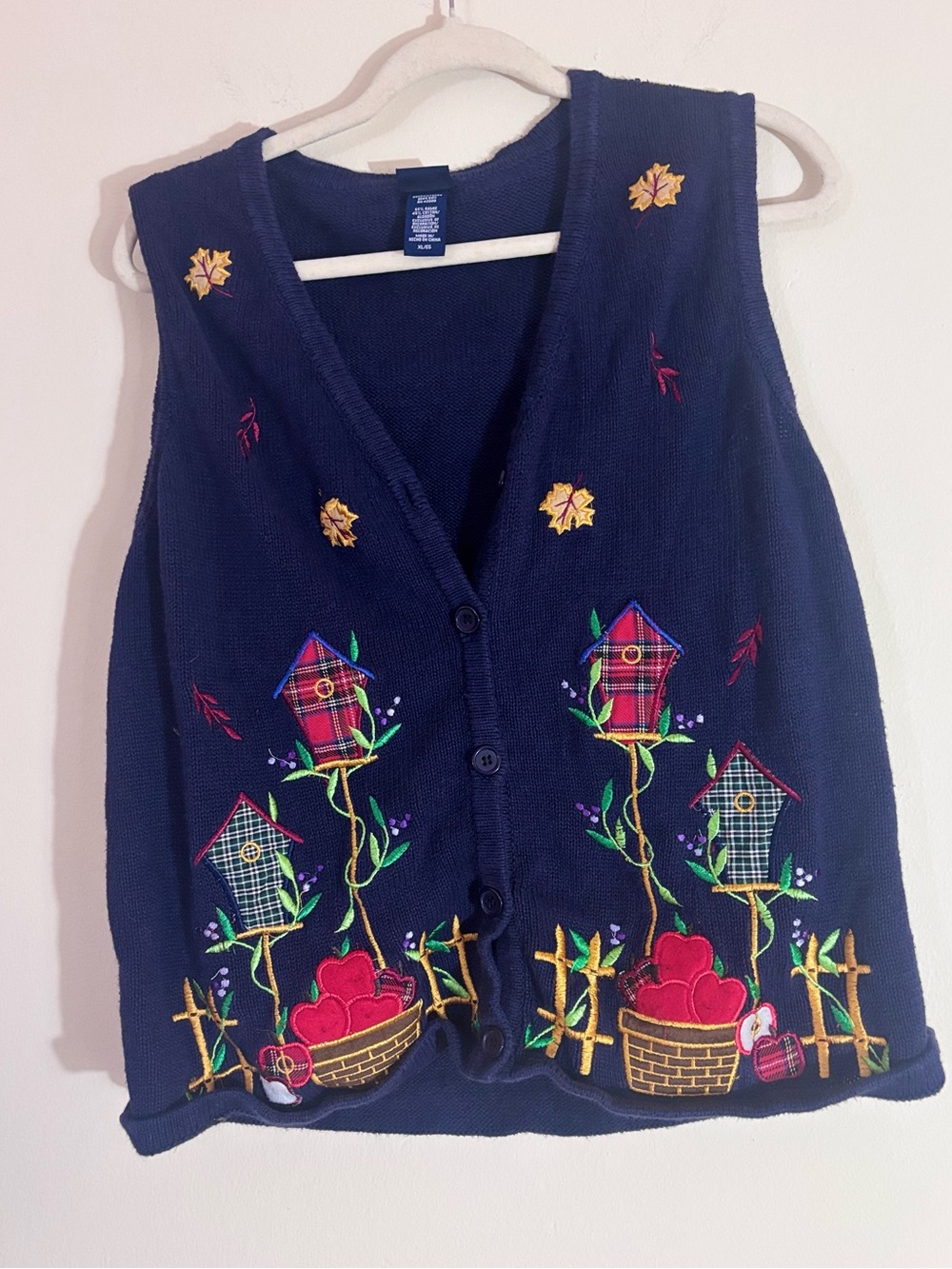 vintage 90s Basic Editions Embroidered Fall Themed Sweater Vest Navy XL